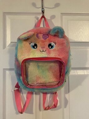 Plush Cat Backpack Tie Dye Faux Fur Clear Window Display Bag Pastel Pink Blue